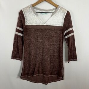 Maurices Top Women Small Colorblock Split V-Neck 3/4 Sleeve Blouse Baseball Tee